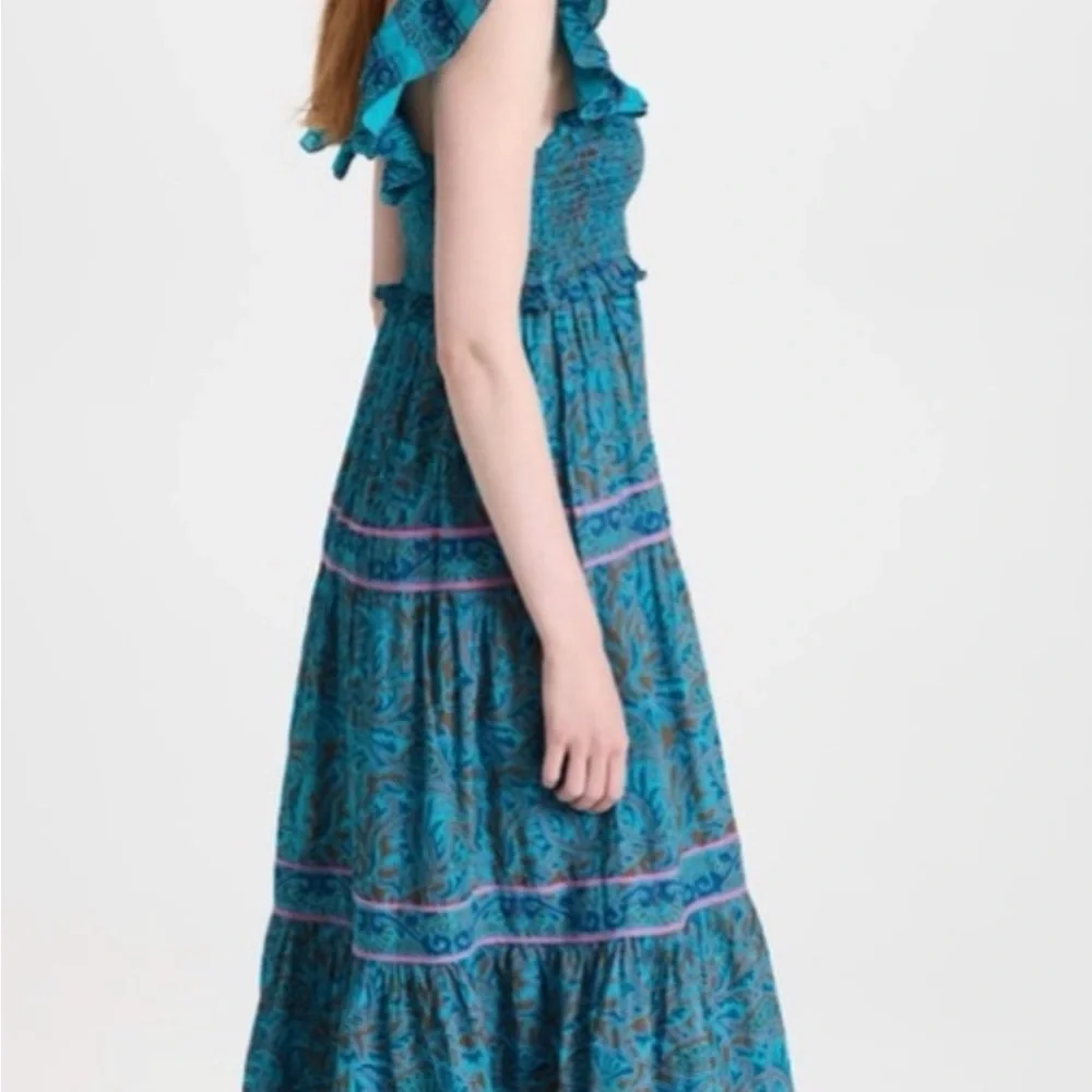 Cleobella Blue Floral Smocked Midi Dress with Puff Shoulders